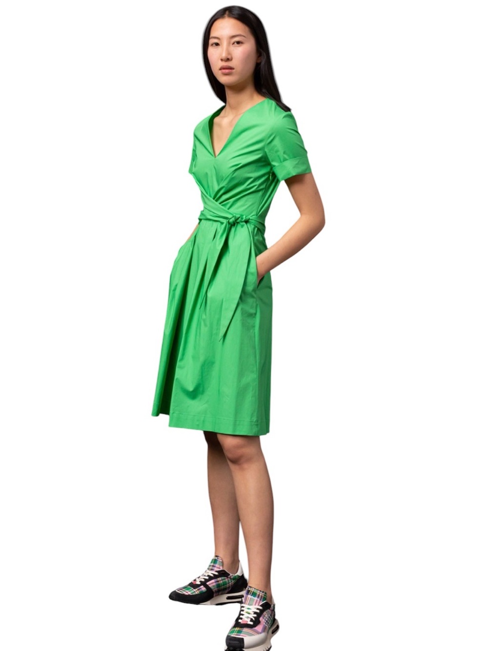 Rosso35 Vibrant Green Short Sleeve Vneck Old Money Preppy Midi Stretch Dress M